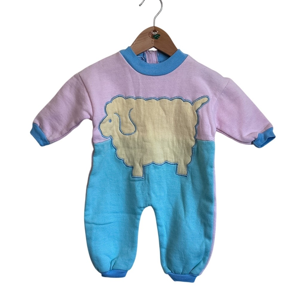 Vintage Baby All Mine Sheep One Piece Jumpsuit 6/9M Pink Blue Pastel Animal